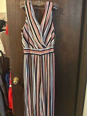 AGB Striped Sleeveless Jumpsuit in Black, White & Coral